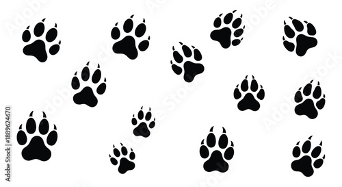A simple illustration depicting several dark distinct paw prints scattered across a clean white background showcasing animal tracks