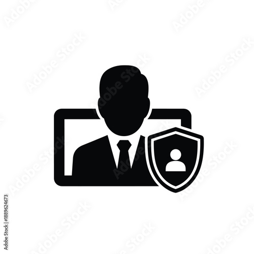 Insurance agent icon with shield protection for businessman profile in digital frame professional security services personal identity protection avatar for corporate privacy legal support concept
