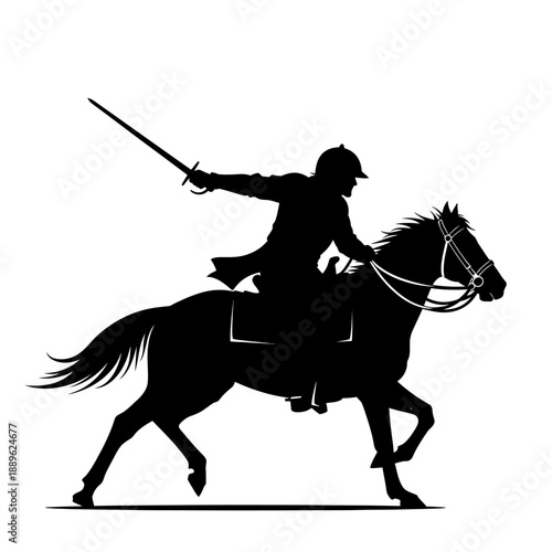 Silhouette of a cavalry soldier on horseback with a sword.