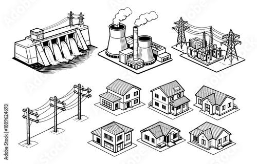 Hand drawn isometric line art infrastructure and housing set featuring a hydropower dam, nuclear power plant, electricity substation, power poles, and suburban houses