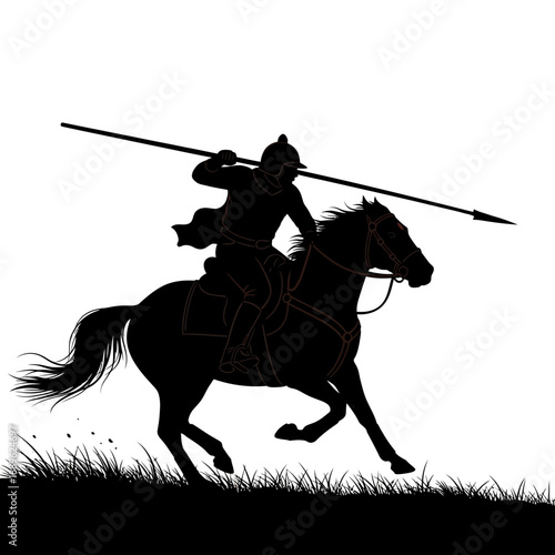 Silhouette of a Horseman Charging with a Lance in Medieval Times.