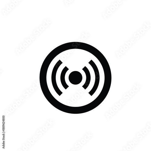 Signal source icon with wireless transmitter waves in circular frame for connection status and radio frequency broadcasting concept illustrating sensor detection or wifi hotspot network coverage