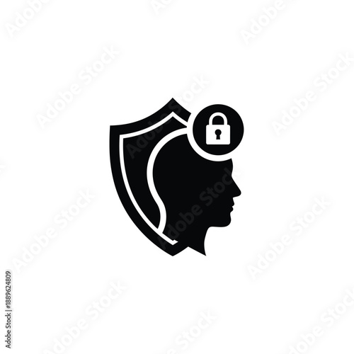 Personal privacy protection icon with human head silhouette shield and lock emblem for secure data management and digital identity safety concept depicting protected intellectual property rights