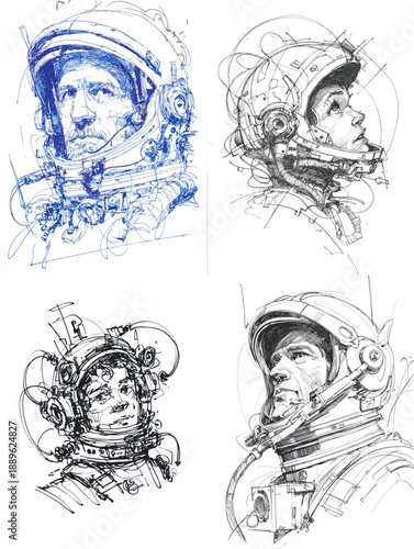 Hand drawn sketch portraits of astronauts with helmets and abstract motion lines, illustrating exploration, science, and human curiosity in space themed art.