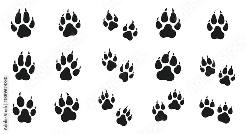 A collection of black animal paw prints arranged in a grid pattern on a plain white background highlighting texture