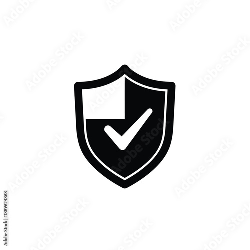 Black and white shield icon with a check mark on half of its surface, representing security, safety, approval, and quality assurance in a clean, modern design