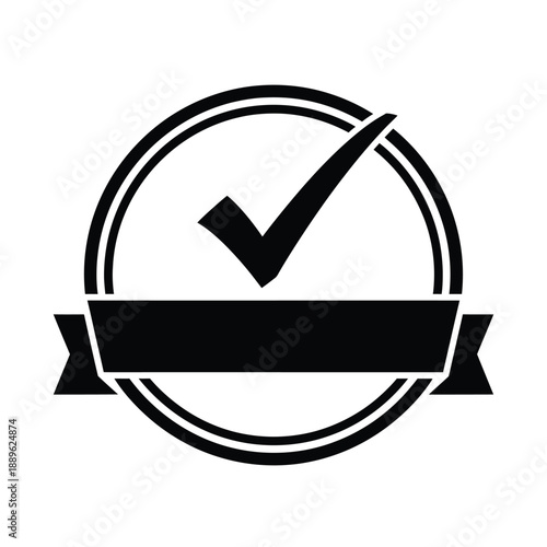Circular badge with a prominent check mark and a blank ribbon banner below, signifying achievement, award, recognition, and certification in a vintage style