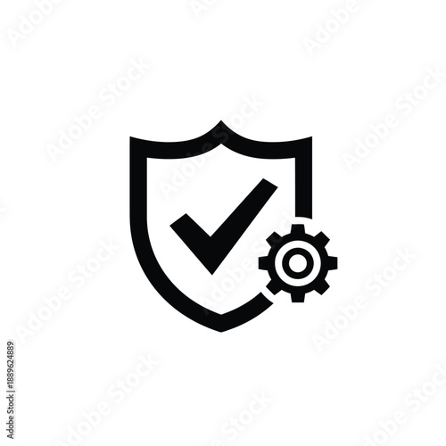 Black shield icon with a check mark and a gear symbol, representing secure operations, technical validation, system reliability, and protected processes