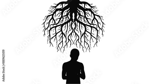 Silhouette of person with roots growing from head, symbolizing connection to nature and growth