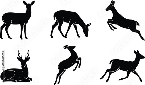 Set of black and white silhouettes featuring wild deer animals standing, running, grazing, and jumping in simple flat vector design style for nature.