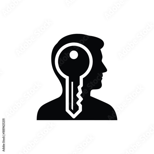 Silhouette of a man's head with a key inside signifying knowledge solution and unlock potential for new ideas and self discovery symbolizing personal growth intelligence and inspiration