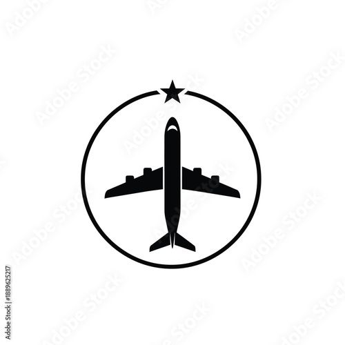 Airplane silhouette in circle with star above representing aviation travel and global connectivity signifies flight destination journey and adventure concept for tourism industry and transport
