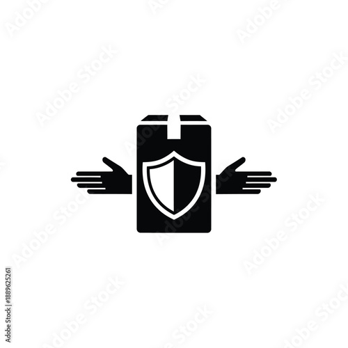 Secure shipping icon showing cardboard box with protective shield and hands for package delivery insurance logistics handling safety fragile transport service warehouse storage business commerce