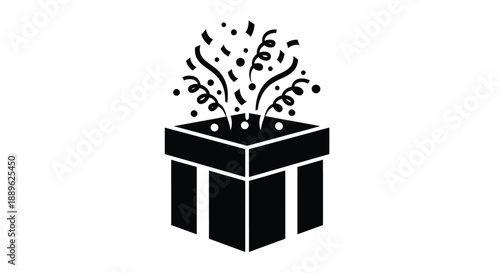 Open gift box with confetti bursting out a black silhouette