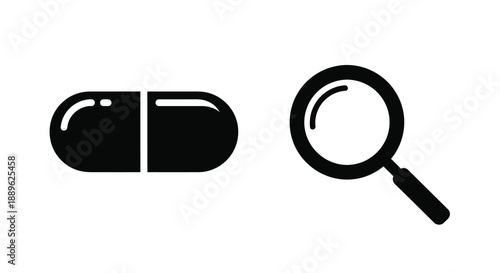 Pill and magnifying glass investigation a bold graphic silhouette