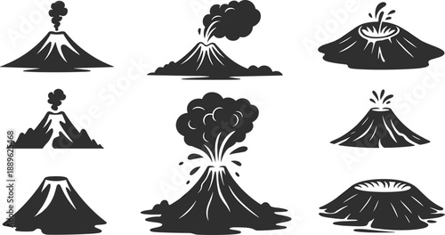 Set of black and white volcano illustrations showing active eruptions with ash clouds, flowing lava, and dormant mountain peaks in flat vector silhouette style.