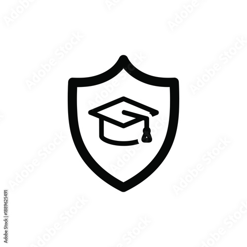 Shield with graduation cap icon representing educational insurance and academic protection services for student safety and scholarship security programs isolated on plain white background graphic set