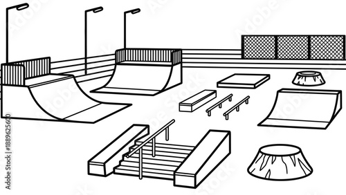 A black and white illustration of a skate park with various ramps and features