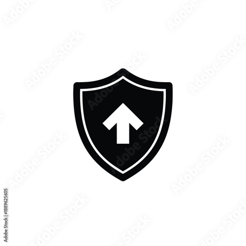Minimalist shield icon with upward arrow symbol represents defensive growth security update protection improvement safety boost rising shield guard emblem for financial and technical security