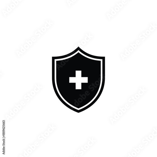 A vector graphic illustration of a black and white shield icon with a white medical cross sign in the center for healthcare protection