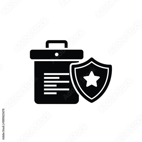 A vector graphic illustration of a black and white trash can icon with a shield featuring a star, symbolizing protected or secure deletion