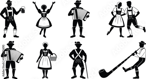 Set of black and white silhouettes featuring German Bavarian traditional characters including musicians playing accordion and alphorn, dancers, and people holding beer steins.