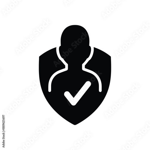 Silhouette of person with shield and checkmark, representing privacy, security, verified user or protection in digital systems and personal data safety, concept of authentication