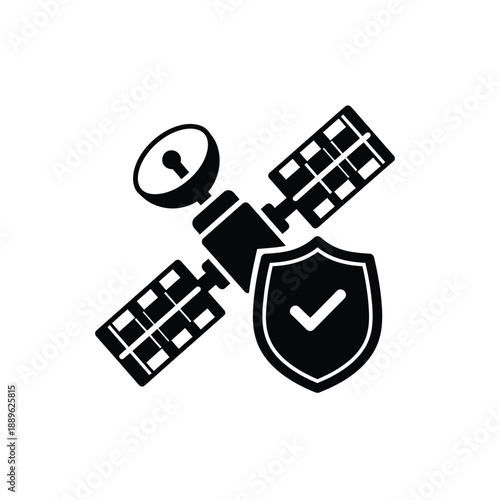 A satellite with a protective shield icon symbolizes secure communication and data transmission, representing robust cybersecurity measures for space technology and global connectivity applications