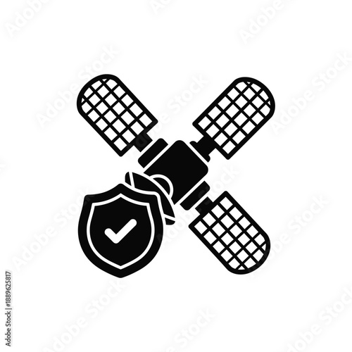 A satellite with a protective shield icon symbolizes secure communication and data transmission, representing robust cybersecurity measures for space technology and global connectivity applications