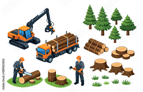 Isometric illustration forestry set featuring logging machinery, workers, trees, and timber elements for industrial and environmental concepts