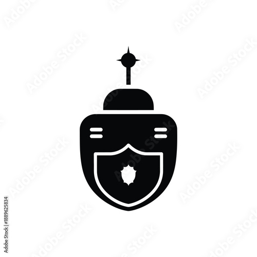 A secure underwater drone or submersible vehicle with a protective shield icon symbolizes advanced marine exploration, representing robust cybersecurity and safe autonomous operations in aquatic