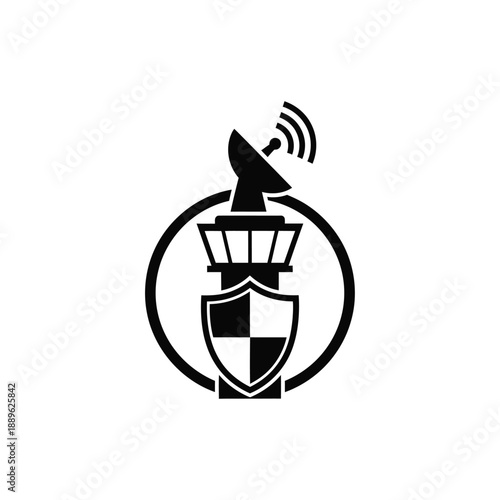 Air traffic control tower radar satellite dish shield emblem circular frame aviation security concept vector illustration