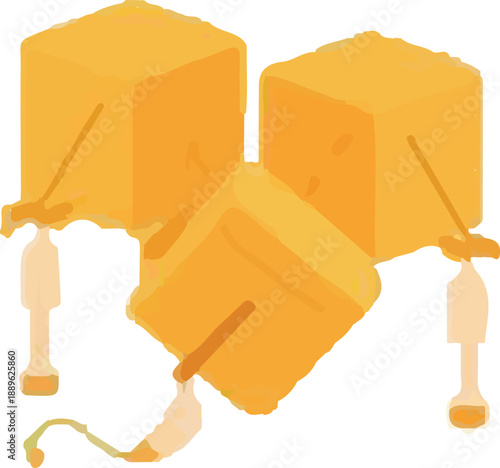 Minimalist illustration of three golden yellow geometric cubes, each pierced by a thin stick and connected to a small base, presented as abstract culinary art or a simple snack design