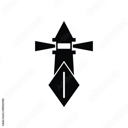 Black lighthouse icon symbol for navigation security and maritime safety emblem design for coastal guard or port authority representation with signal light beam concept isolated on white background