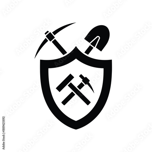 Mining insurance and safety shield emblem featuring pickaxe and shovel tools for underground work security and industrial protection symbol design isolated on white background for mining companies