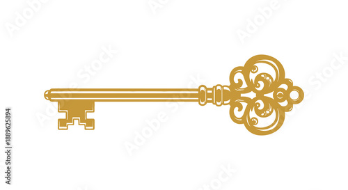 A detailed illustration of a vintage golden key with ornate details and a classic design isolated on white