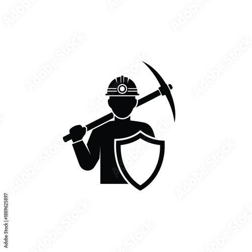 Professional miner character silhouette with safety helmet and shield for industrial protection concept and workplace security representation holding pickaxe tool on white background vector icon