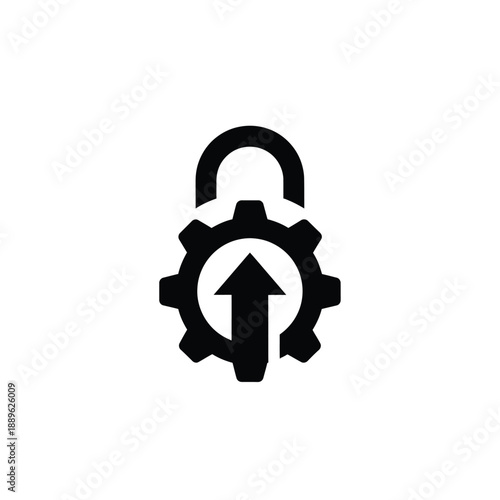 Industrial cybersecurity concept featuring gear icon with arrow inside unlocked padlock symbol representing secure system updates and mechanical safety protocols for modern smart factory networks