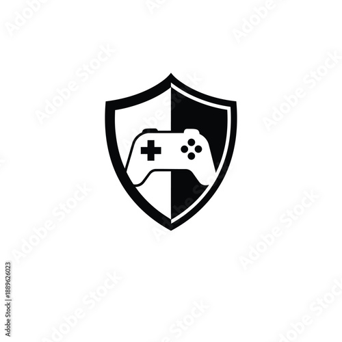 Gaming security logo design showing game controller silhouette over protective shield representing parental controls and safe gaming environment for children and competitive electronic sports players
