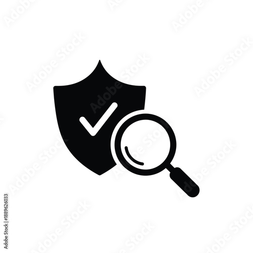 Cybersecurity verification icon featuring protective shield with tick mark and search glass representing digital investigation and safety analysis for secure web browsing and information systems