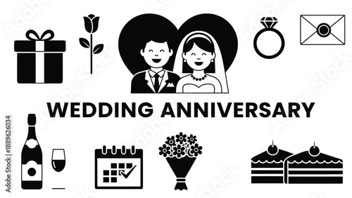 A black and white illustration celebrating a wedding anniversary with various symbols
