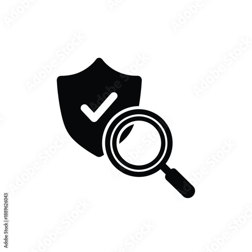 Security audit concept showing shield with checkmark and magnifying glass for system inspection and vulnerability testing representing digital safety assessment and verification of online records