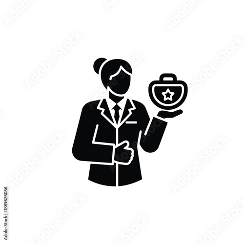 Businesswoman holding prize black glyph icon. award winner, best employee, achievement, recognition, success. high quality product, service, premium brand