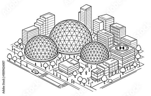 Isometric line art illustration of a futuristic urban landscape depicting geodesic domes and skyscrapers for city planning