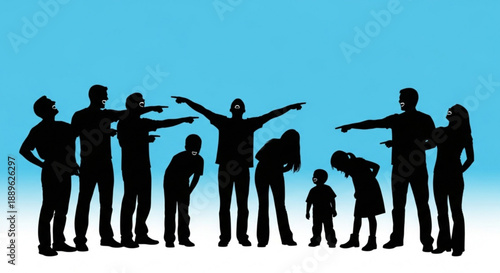 Silhouettes of diverse people standing in line on white and blue background pointing sideways conveying social hierarchy and relationships concept