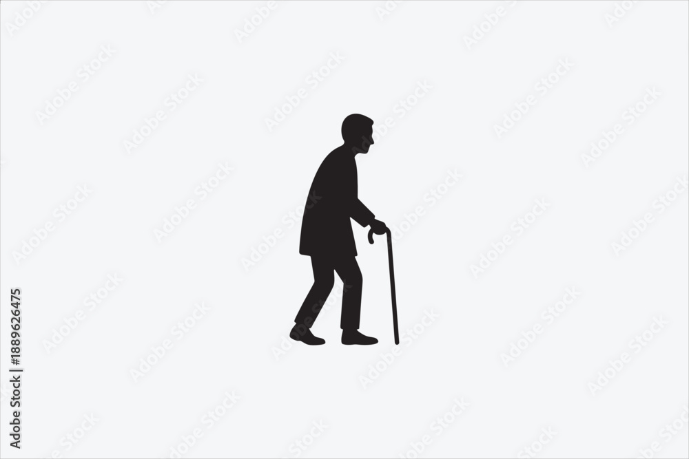 Fototapeta premium Silhouette of an elderly man walking with a cane, isolated on white background. Concept of aging, mobility, senior health, support, retirement, and elderly care. Vector illustration.