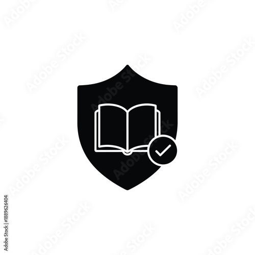 Shield with open book and check mark inside symbolizing educational security knowledge protection or verified information trusted source for learning and academic research reliable documentation
