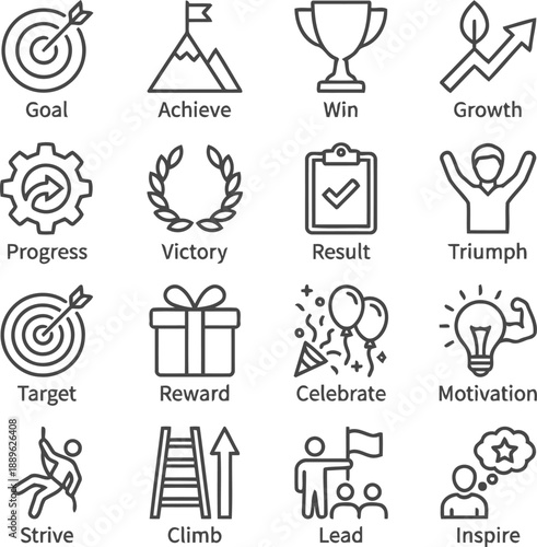 Visuals of Aspiration: An array of linear icons symbolizing motivation, success, and achievement. These symbols reflect goals, growth, and the journey to triumph.