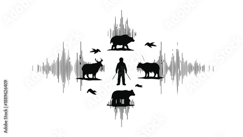 Human figure at the center of a natural soundscape with diverse wildlife silhouettes.