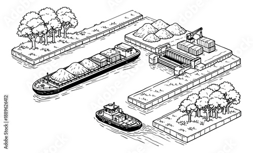 Hand drawn line art illustration of an industrial canal and port depicting busy shipping and logistics operations for global trade and transport concepts